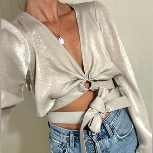 Maniere De Voir Faux Leather Tie Up Cropped Blouse